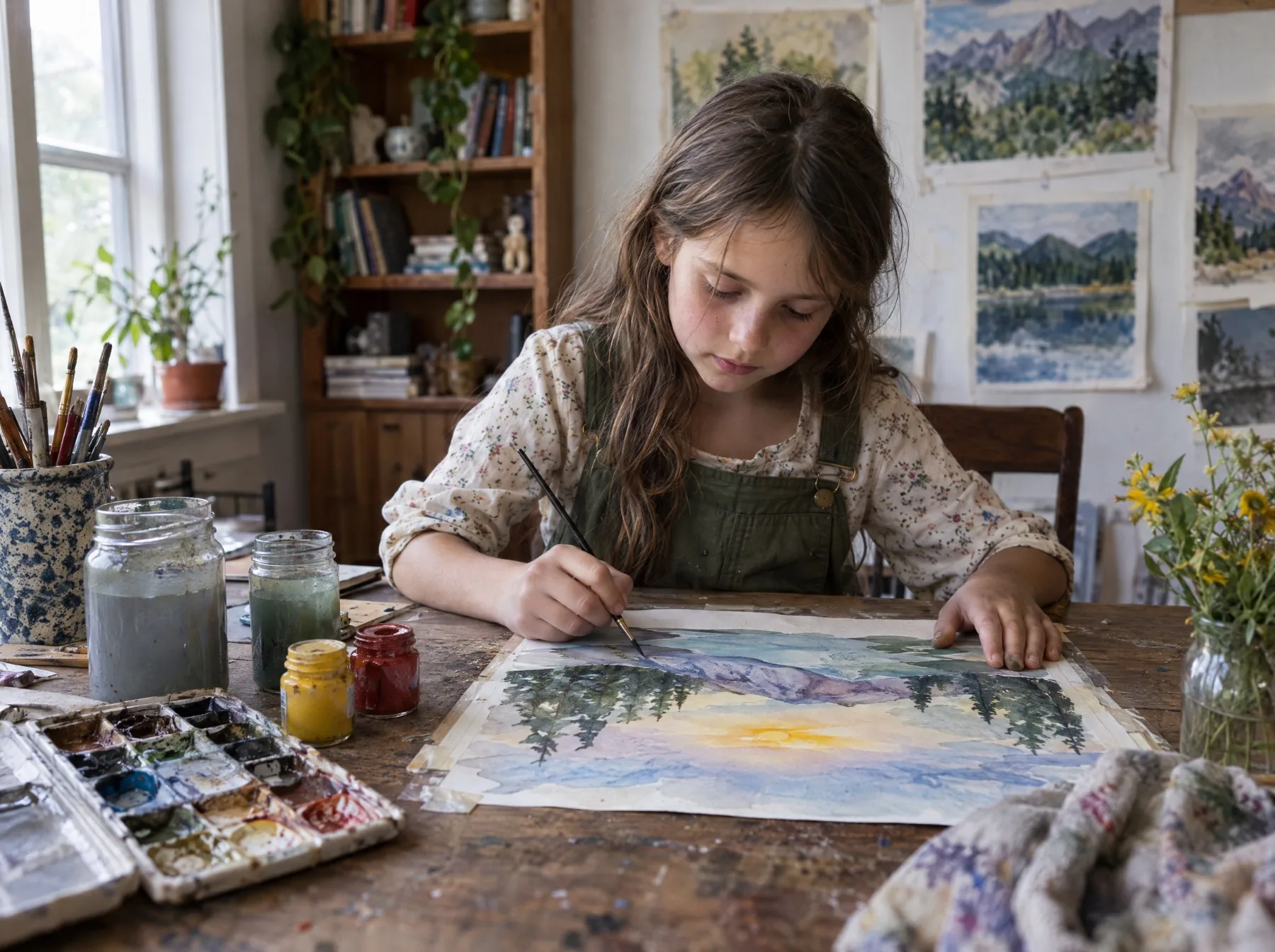 A girl painting a watercolor of mountains at a wooden table beside a window