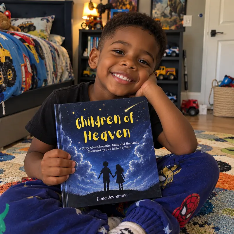 A joyful boy holding the book in his bedroom
