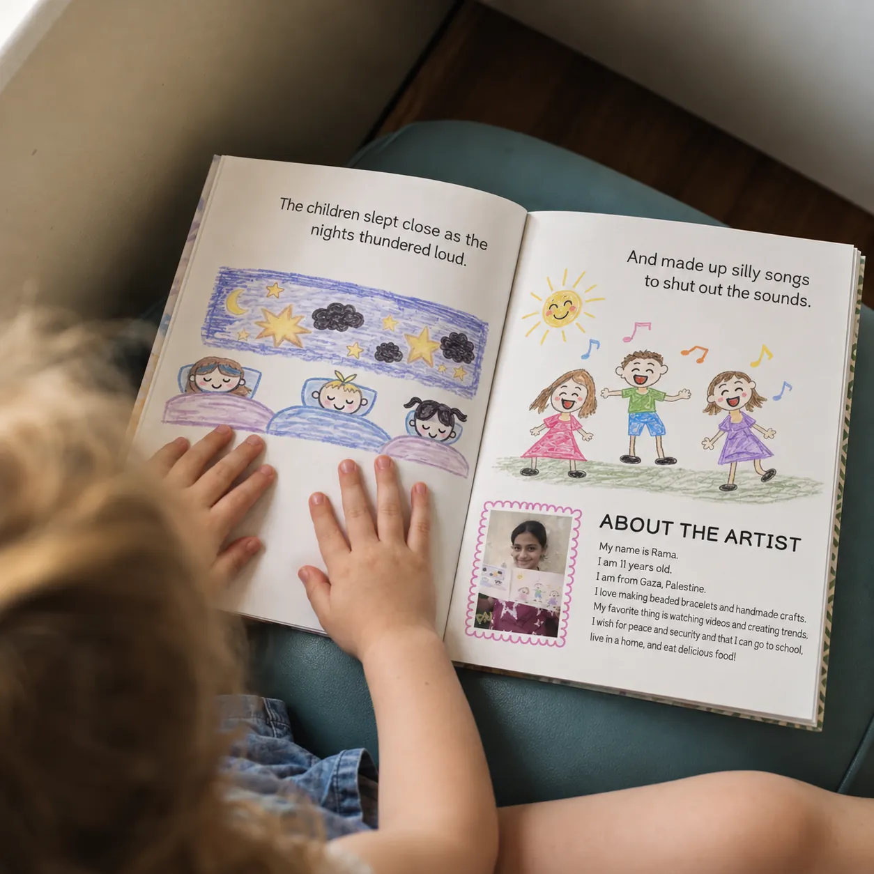 A child's hands on an open page of the book showing a drawing of children singing and an About the Artist note