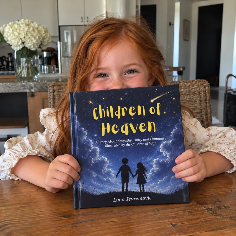 A smiling girl peeks over the Children of Heaven book