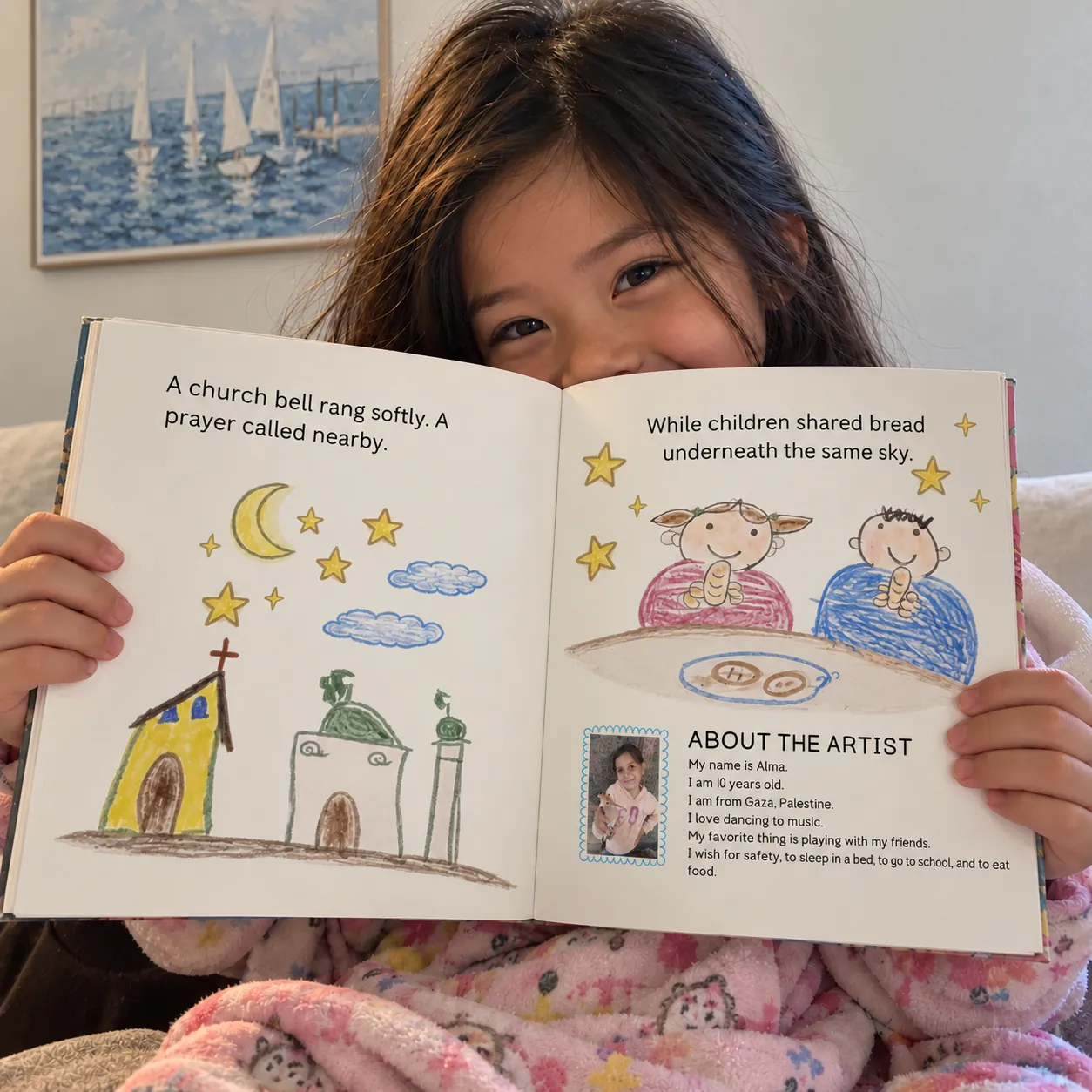 A girl holding the open book showing a child's drawing of a church, a mosque and two children sharing bread