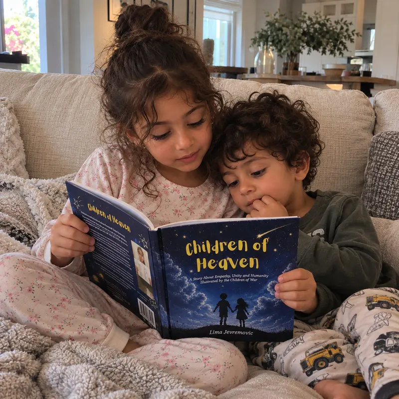 Two siblings reading the book together on a sofa