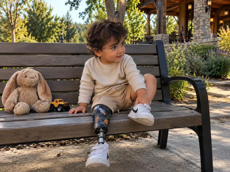 A toddler with a prosthetic leg smiling on a sunny park bench