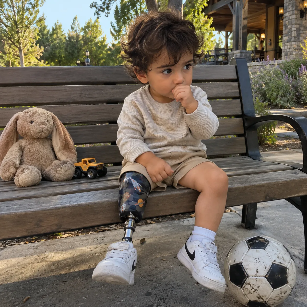 A young child with a prosthetic leg sitting on a garden bench beside a soccer ball and a toy rabbit