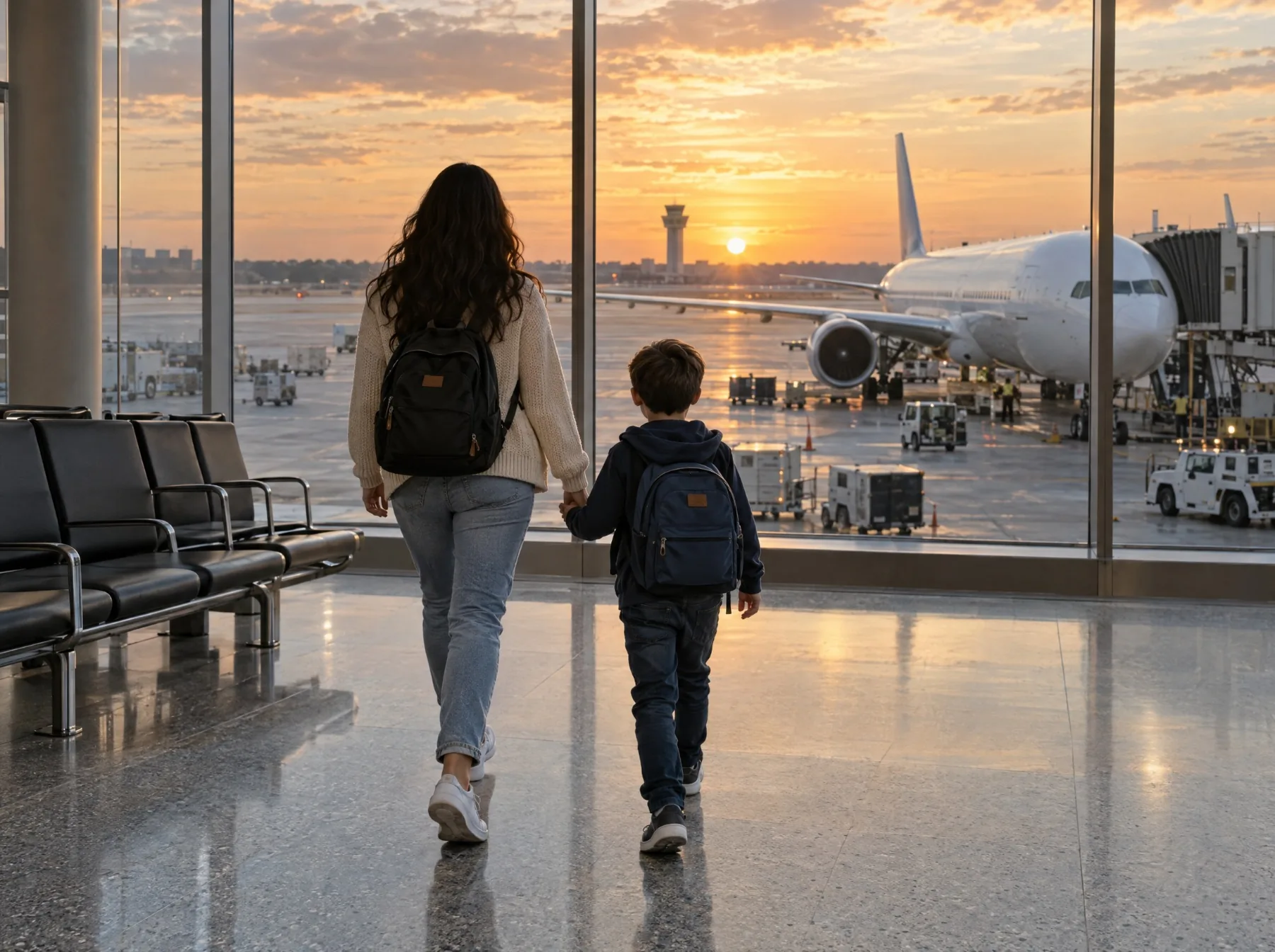 A mother and son with backpacks walking toward airport windows at sunrise