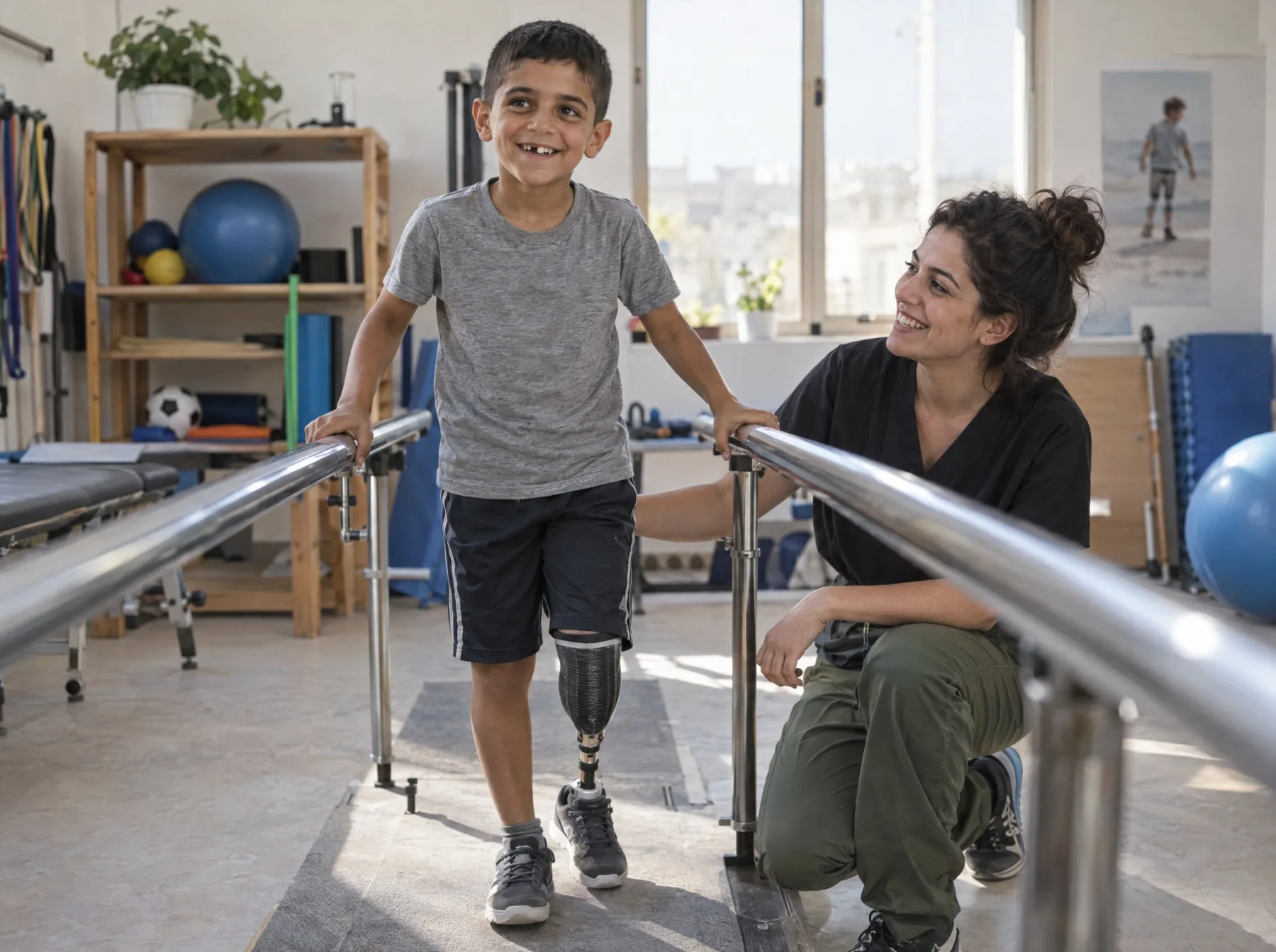 A smiling boy with a prosthetic leg walking between parallel bars with his therapist