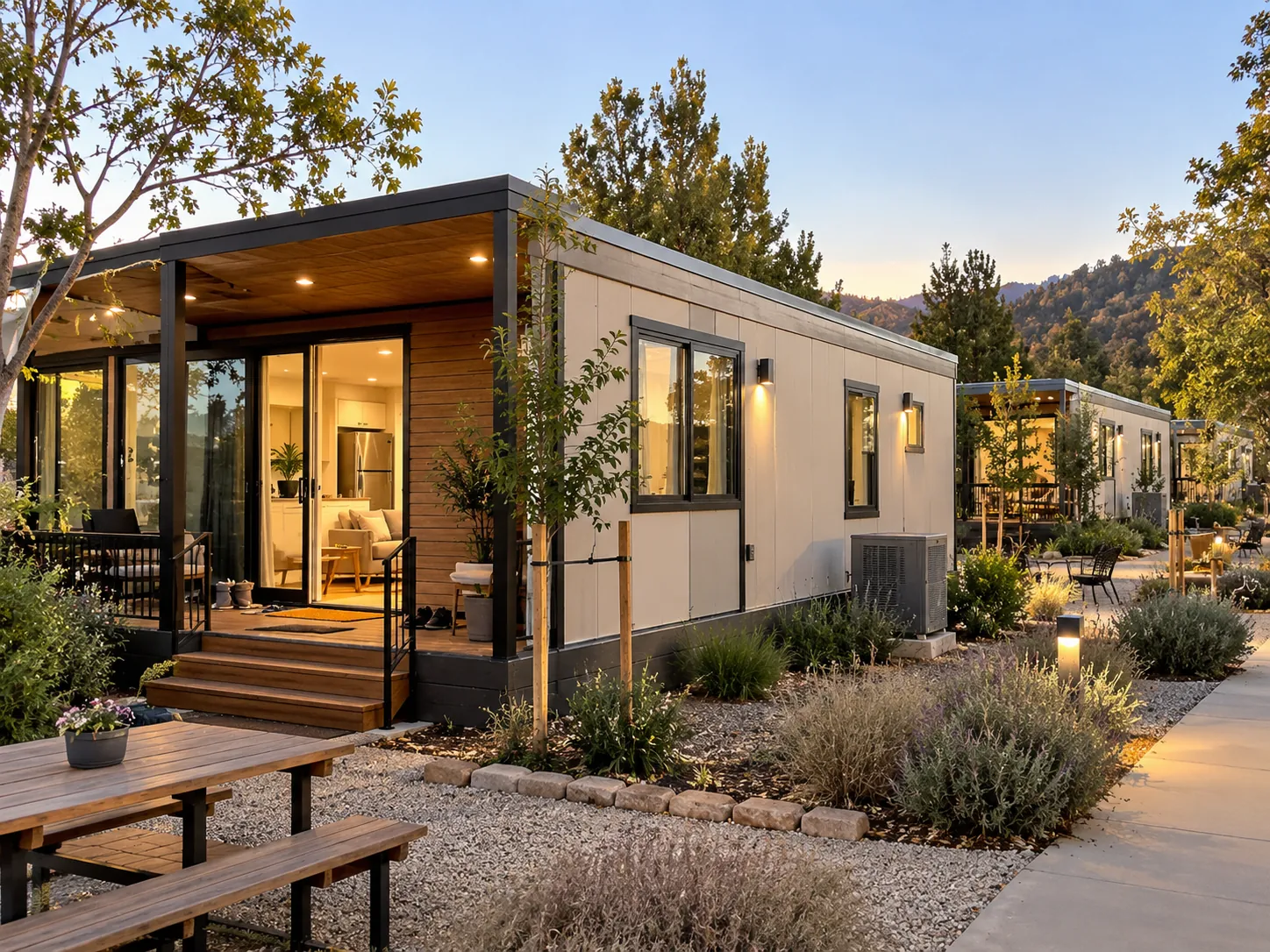 Conceptual rendering of modern family homes in a garden setting at dusk