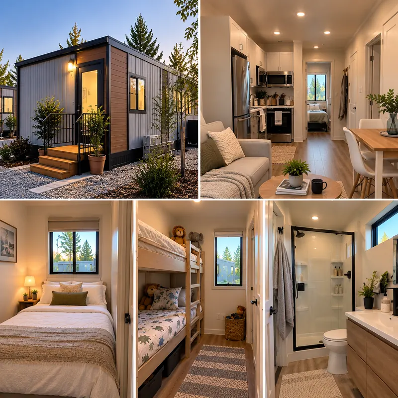 Conceptual rendering: a modern family home with a living area, bedroom with bunk beds and bathroom