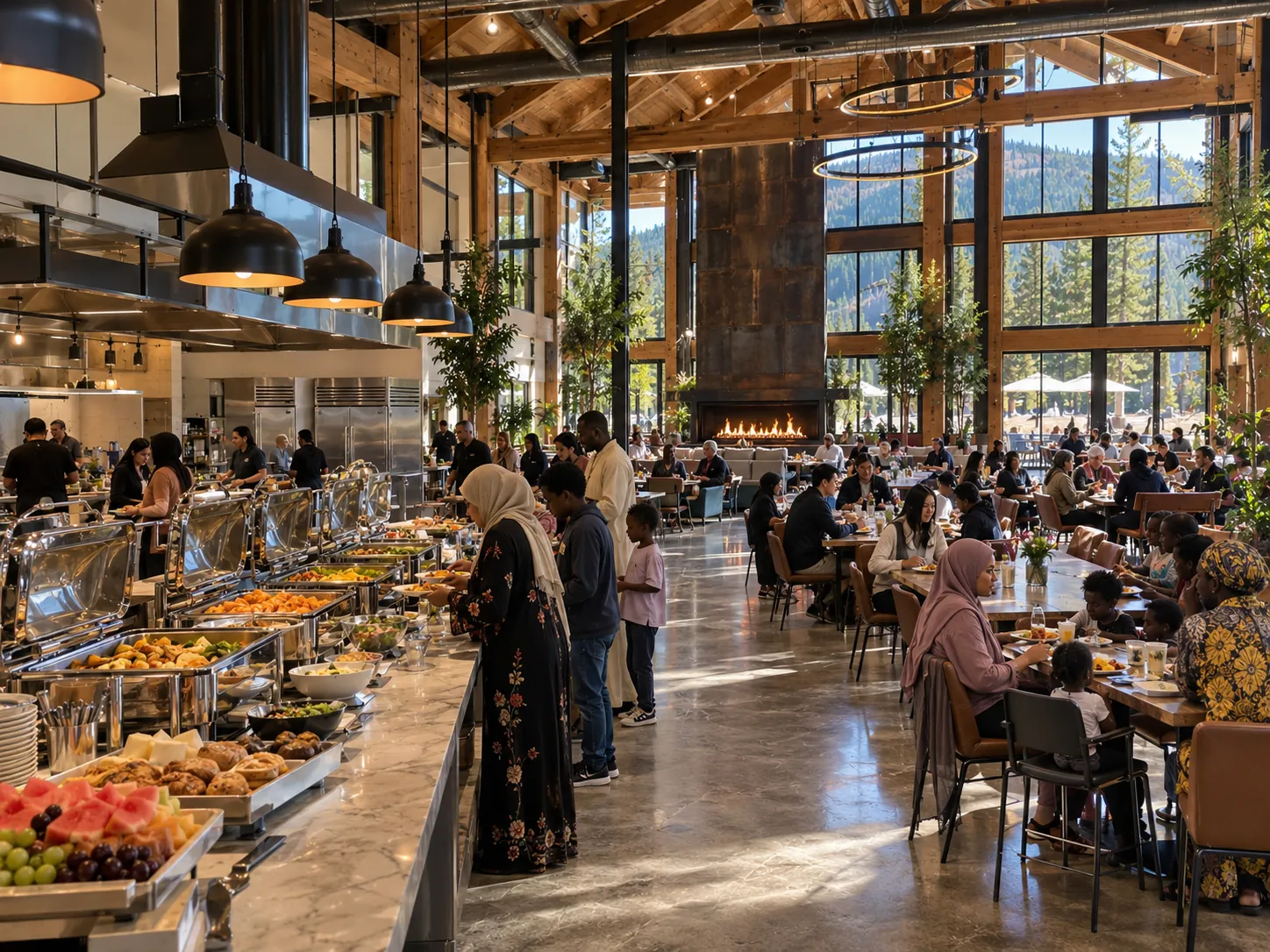 Conceptual rendering: families from many cultures sharing food in a communal dining hall