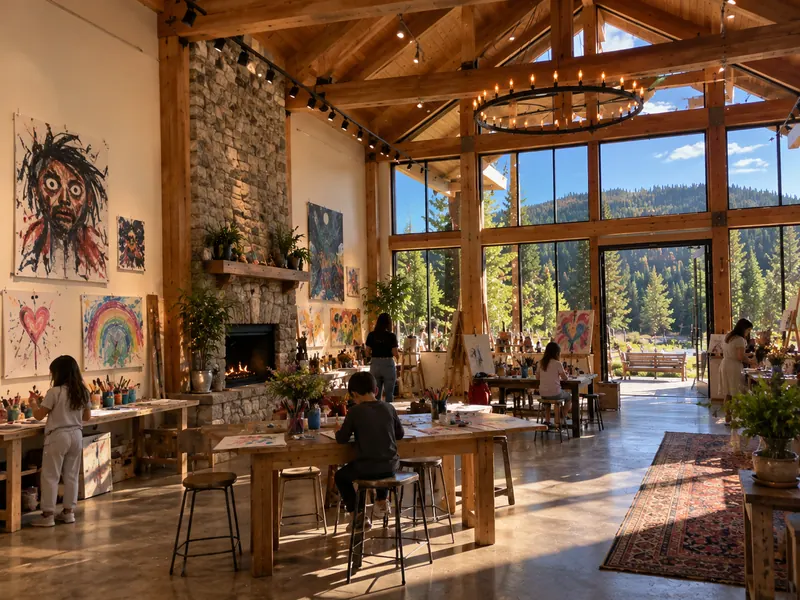 Conceptual rendering: an art studio with children painting at long tables